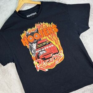 Hooters Racing Men's Graphic T-Shirt Black Flame NASCAR Style XL Y2K Hot Rod Vtg